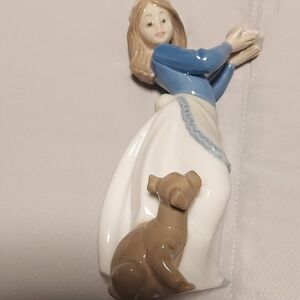 Porcelain Girl with Dog Figurine - Blue and White